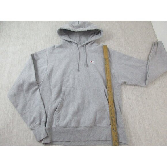 Champion Hoodie Men Gray Fleece Long Sleeve Embroidered Logo Drawstring Pullover - Picture 7 of 11
